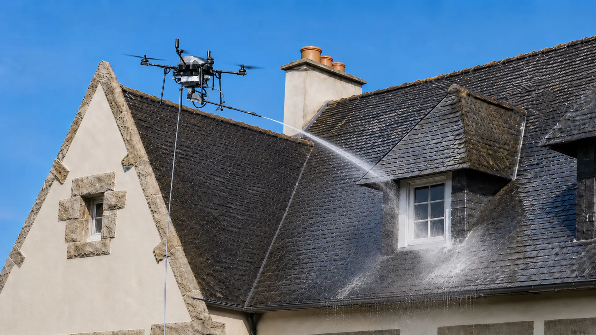 Drone Atypiclean nettoyant la toiture d'une maison en pierre