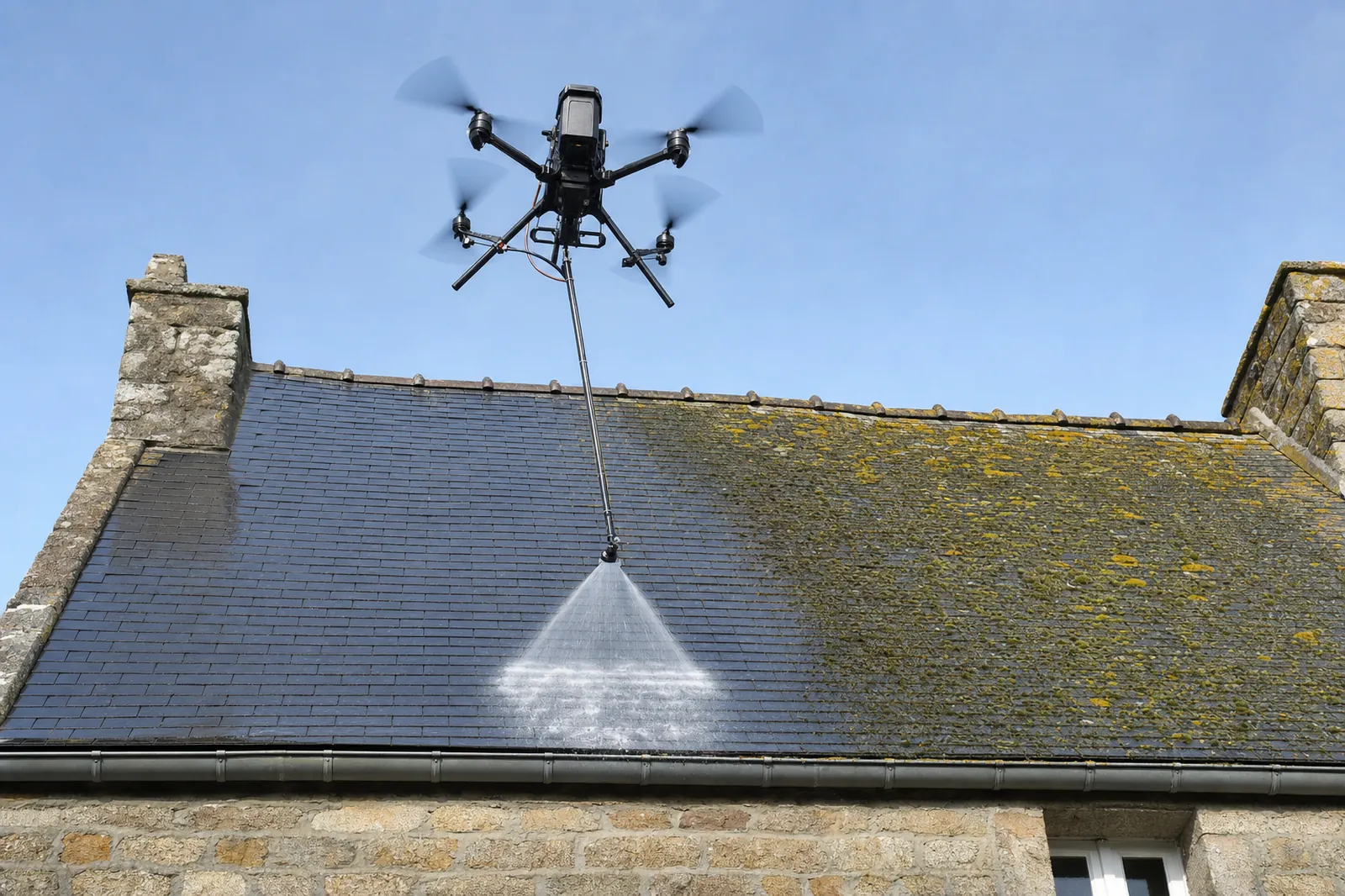 Drone nettoyant une toiture en ardoises