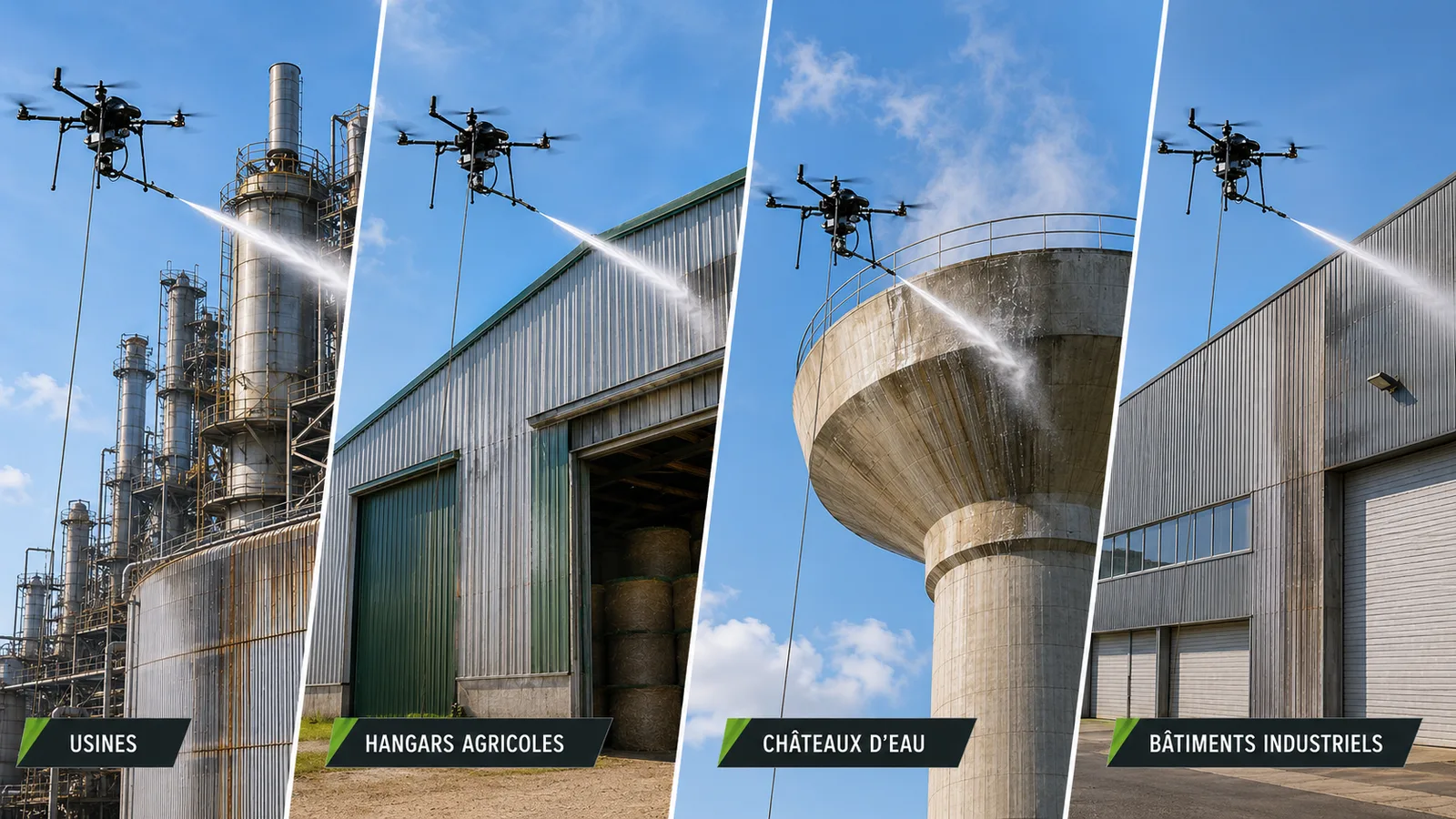 Nettoyage par drone d'usines, hangars agricoles et châteaux d'eau