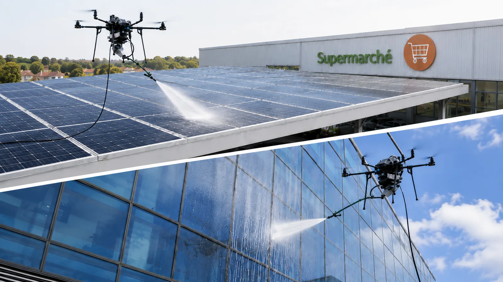 Drone nettoyant des panneaux solaires et une façade vitrée